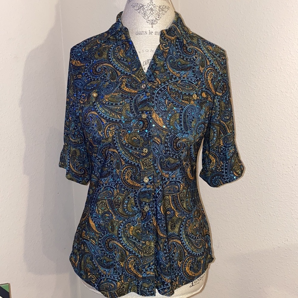 Rebecca Malone sequin shirt button down blouse S​